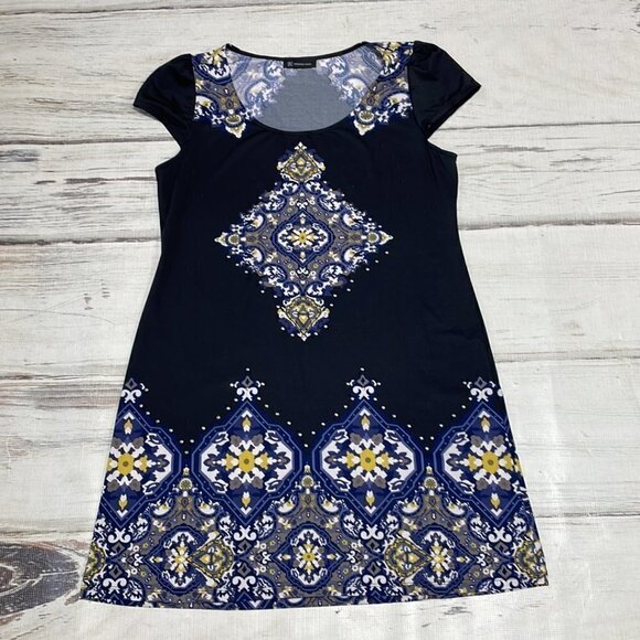 INC International Concepts Midi Dress Short Sleeve Paisley Black Blue Size Large - Picture 11 of 16
